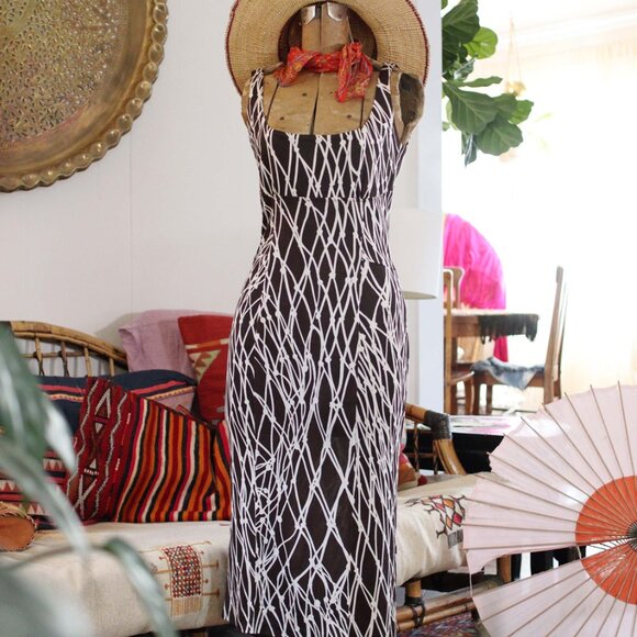 Y2K DVF Abstract fishnet print brown and white silk jersey scoop back dress - Picture 7 of 9